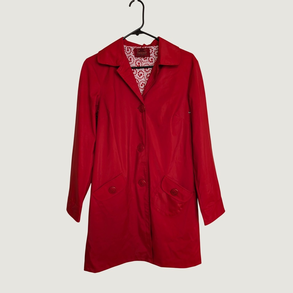 Y2K Paris Blues Red Trench Coat Polka Dot Lining Button Front Raincoat Medium